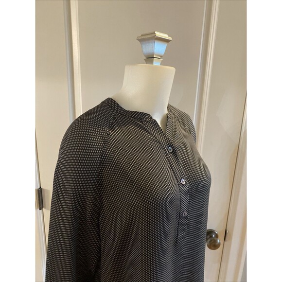 Vince Silk Popover Blouse Black White Long Sleeve Banded Collar Classic Size XS - Picture 4 of 14